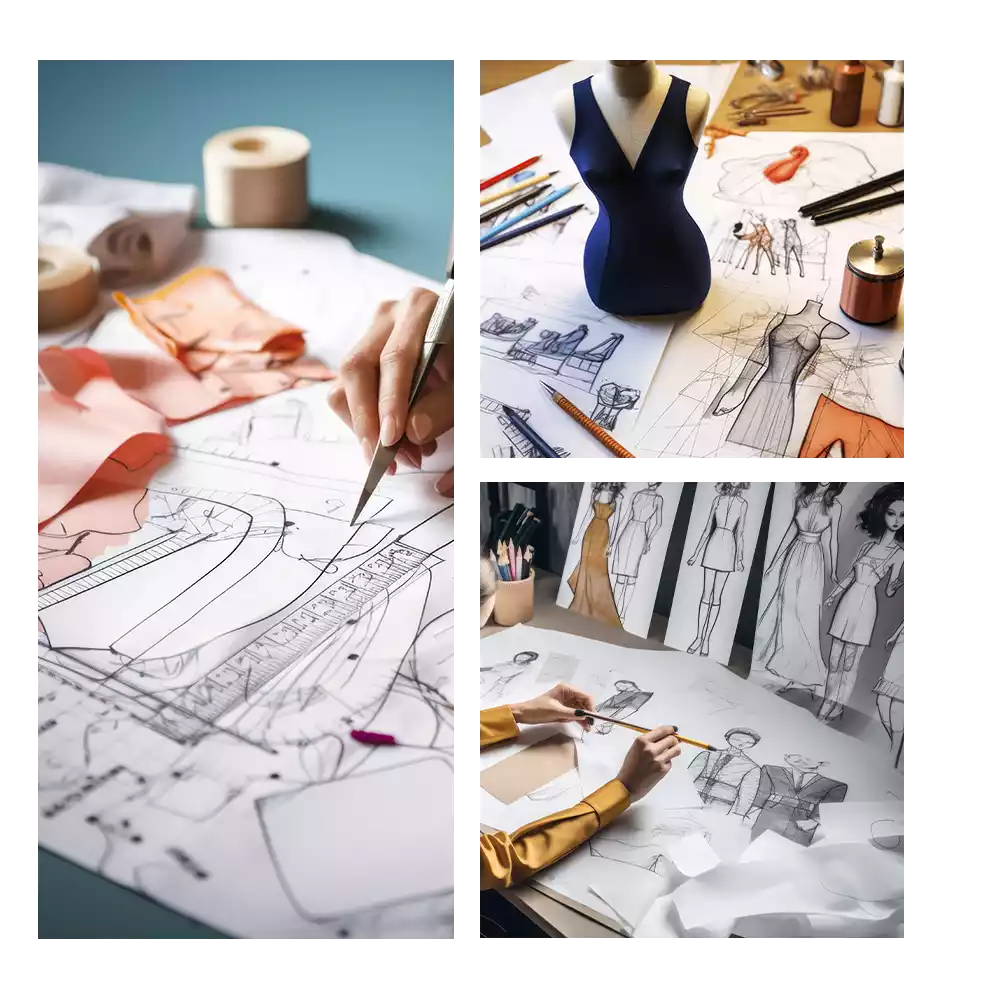 fashionable dress with unique stitching patterns and specification sheet with mannequin, Tailor draping mannequin, CAD fashion design, Design fitting